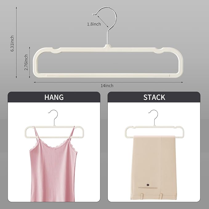 HUADYMEET 14 Inch Soft-Touch Pants Hangers Non Slip, 20 Pack Slim Silky Feel Jeans Trousers Shorts Hangers with 10 Hooks,Strong Durable Thin Space Saving Clothes Hanger for Men Women,Skirts(Beige)