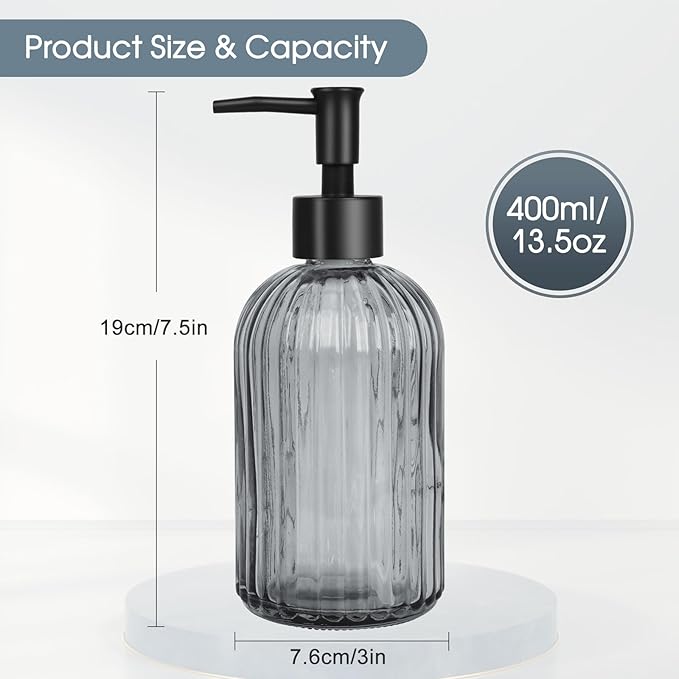 Topsky 2 Pack Glass Soap Dispenser with Plastic Pump,400ml Liquid Hand Soap Dispenser,Rustproof Pump for Kitchen & Bathroom,Great for Lotions,Essential Oil,Liquid Soaps,Gray