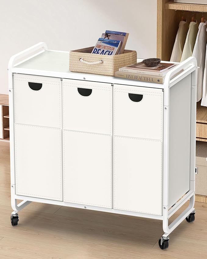 Laundry Sorter 3 Section,Laundry Basket with Wheels,3×15.8 Gal (60L) Laundry Hamper Organizer with Large Wooden Desktop Sorter,Pull-Out and Removable Laundry Bags (Creamy White, 3 Bags - 180L)