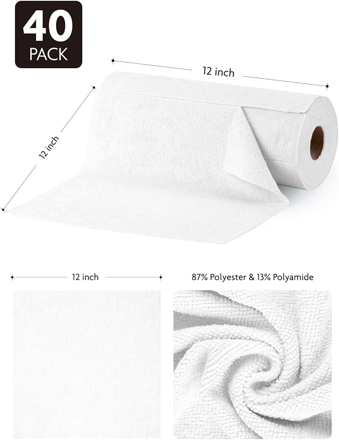 Fantasticlean Microfiber Cleaning Cloth Roll -40 Pack, Tear Away Microfiber Towels, 12" x 12", Reusable, Washable, Scratch Free, Ultra Absorbent Dishcloth for All-Around Cleaning Supplies (White)