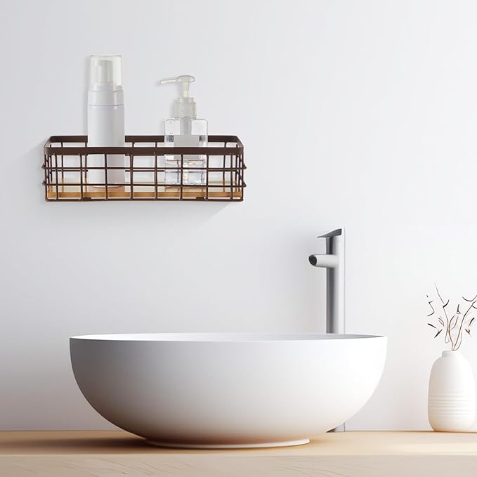 Funrous 2 Pcs Metal Small Wire Basket Wall Hanging Wire Basket Hang Small Bathroom Kitchen Storage Organizer Toilet Paper Mesh Storage Bin Shelf Rack with Base(Brown,9.84 x 3.94 x 2.76 Inches)