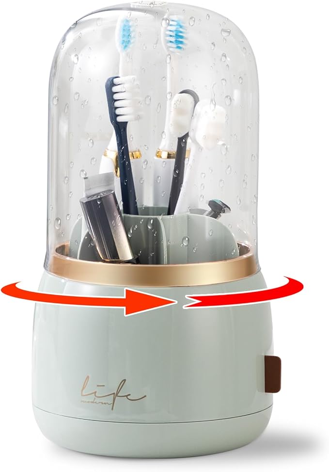 CLOKTA Toothbrush Holders for Bathrooms, Rotating 7 Slots Electric Toothbrush Holders with Cover, Countertop Toothpaste Organizers (Light Green)