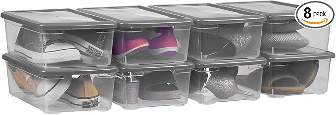 Party Club of America 6 Quart Latching Storage Box,Plastic Clear Storage Bins With Lids Stackable (Grey, 8 Pack)