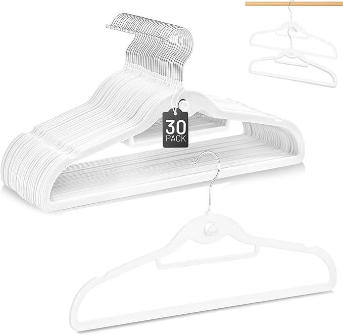 Velvet Stackable Hangers 30 Pack, STOPKLAS White Clothes Hangers Non Slip Felt Hangers with 360° Swivel Hook, Thin Hanger Space Saving, Heavy Duty Closet Hanger for Clothes, Coats, Suits, Dress, Pants