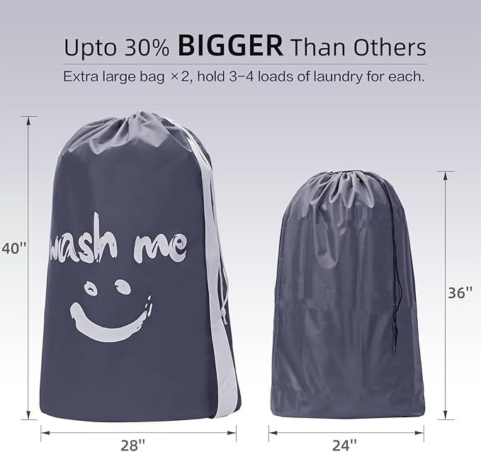 HOMEST 2 Pack XL Wash Me Travel Laundry Bag with Strap, Dirty Garments Organizer, Large Enough to Hold 4 Loads of Clothes, Easy Fit a Hamper or Clothing Basket, Grey and Sky Blue