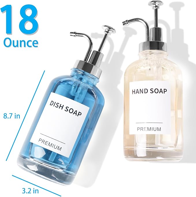 Dish Soap Dispenser for Kitchen, Hand Glass Soap Dispenser Set with Pump, Tray, Funnel for Bathroom, Shower, Laundry, Liquid, Lotion (Silver 2 Pack 18 Oz Clear Bottles with 12 Stickers)