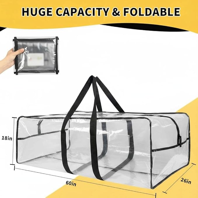 Heavy Duty Extra Large Moving Bags,121 Gallon Jumbo Packing Bags,Huge Moving Storage Bags with Strong Zippers & Carrying Handles,Reusable Big Moving Storage Bags for College Dorm Travel 2Pack,Clear