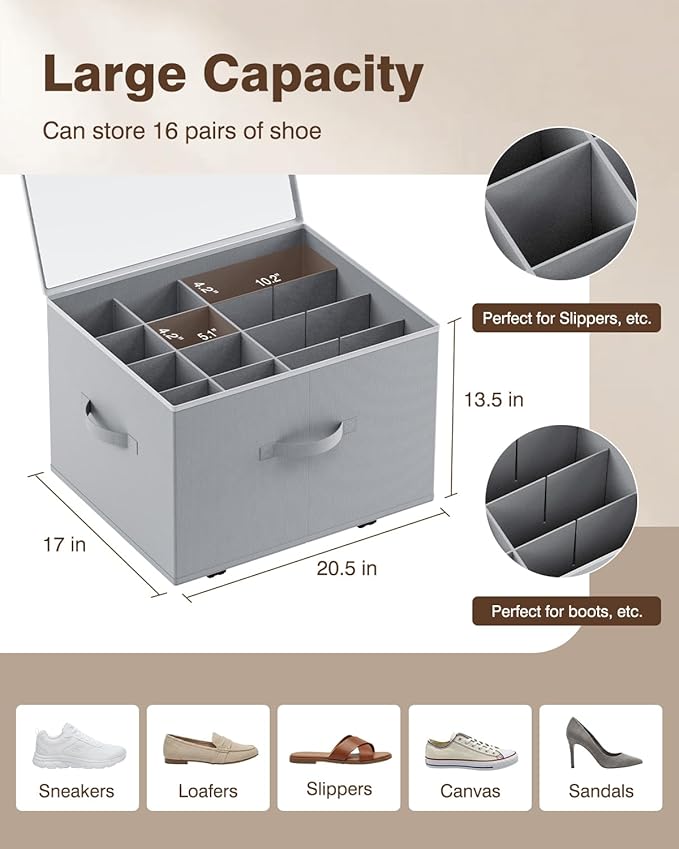 HOUSE AGAIN Shoe Organizer for Closet with Wheels, Shoe Storage Bin,Large Shoe Storage Organizer with Adjustable Dividers and Clear Cover, Space-Saving & Fits up to 16 Pairs of Shoes