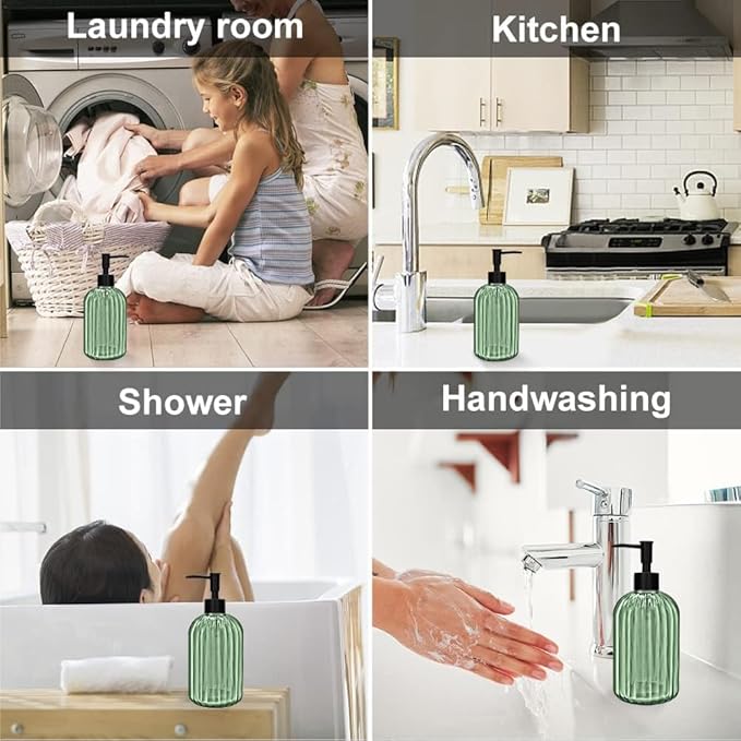 2 Pack 14oz Glass Soap Dispenser with Black Pump – Refillable for Hand Soap, Dish Soap, Lotion, Suited for Kitchen, Bathroom & Laundry Room(Olive Green)