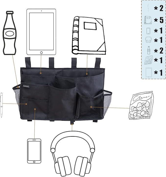 LEISUIT Hanging Storage Bag Bedside Organizer 9 Pockets Black (XL)