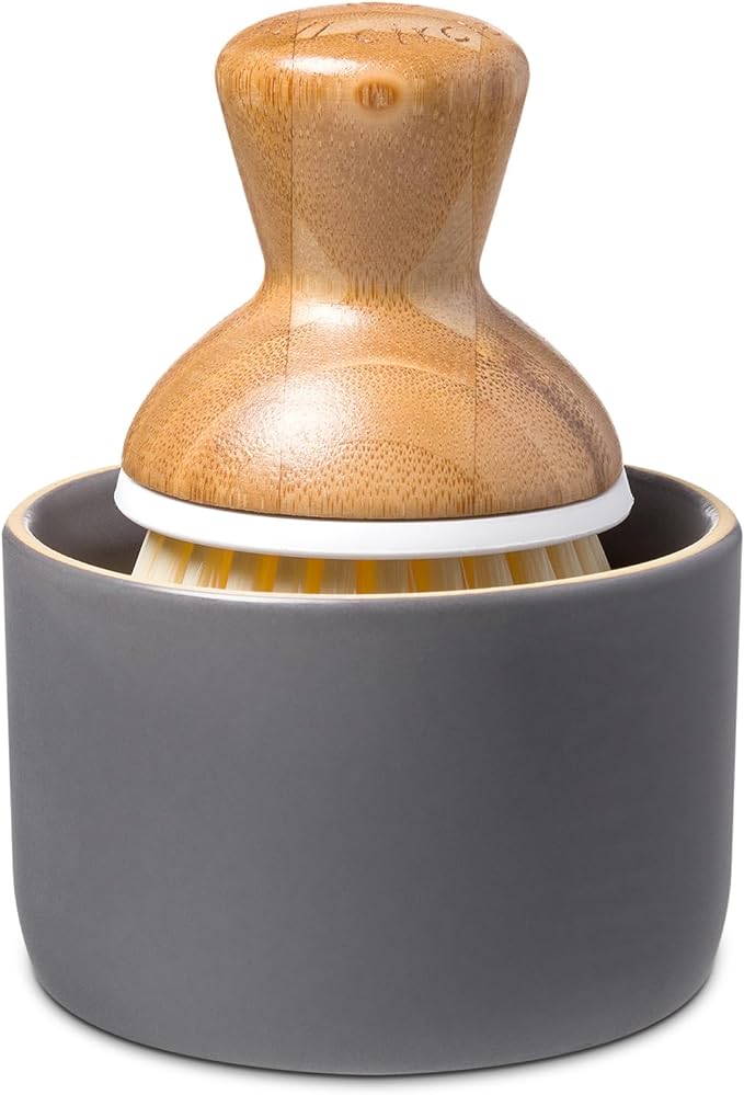 Full Circle Bubble Up Bamboo Dish Brush & Ceramic Soap Dispenser – Family Safe, Formaldehyde-Free – Kitchen Scrub Brush for Dishes, Nonstick & Cast Iron, Gray
