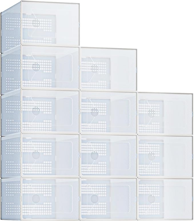DUMOS Clear Shoe Storage Boxes, 12-Pack Plastic Stackable Shoe Containers with Lids, Display Sneaker Case Organizer for Closet, Under Bed, Entryway,White (Fit Size 11)