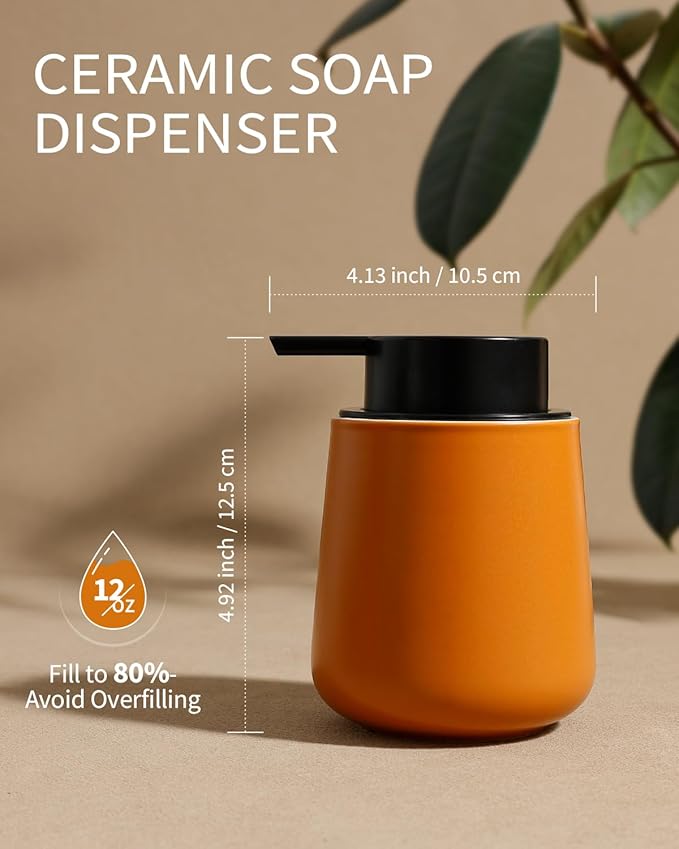 BosilunLife Hand Soap Dispenser - Ceramic Dish Soap Dispenser for Bathroom 12ounce Refillable Liquid Hand Wash Dispenser for Essential Oil, Lotion Soap, Orange