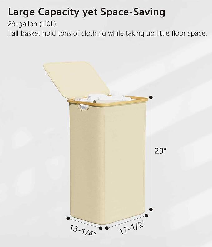 SUOCO Laundry Hamper with Lid, 29 Gal (110L) Clothes Basket with Bamboo Handles, Large Foldable Laundry Hamper for Bedroom, Bathroom, Dorm, Laundry Room - Beige
