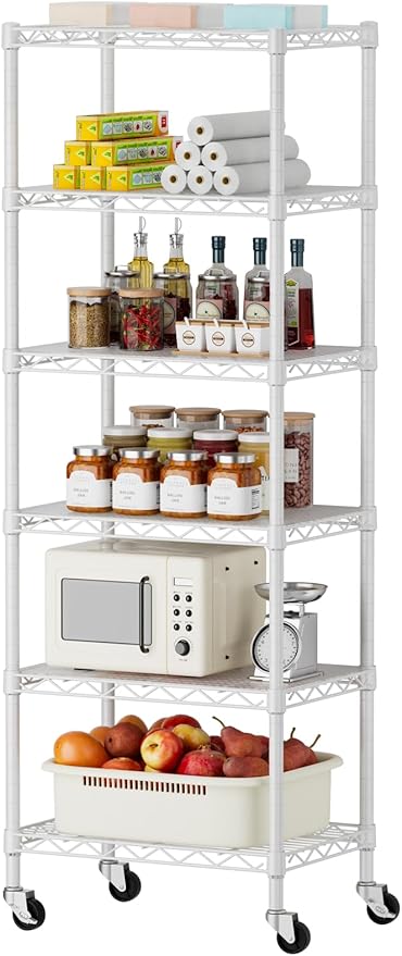 SINGAYE 6 Small Shelf Storage Wire Shelves Closet Bathroom Organizers Metal Pantry Kitchen Garage Shelving Unit Laundry Room Organization Home Narrow Rack Net Basket with Wheels White