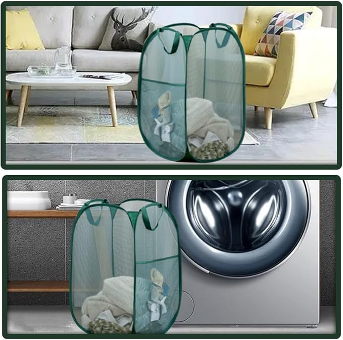 Pop Up Laundry Hamper, Reinforced Mesh Laundry Basket, Folding Clothes Storage Bin for Home, Dorm, Apartments, Travel (Green, Vertical)