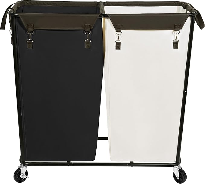 STO STO 280L Rolling Industrial Laundry Hamper with Wheels, 2-Compartment Extra Large Laundry Sorter, Heavy Duty Dirty Clothes Basket Cart with Metal Frame for Home or Commercial Use, Beige/Black