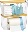2 Pack Trash Bag Holder with Bamboo Lid - Stackable Under Sink Organizer & Garbage Bag Dispenser for Kitchen Organization - Large Plastic Holder for Laundry Room, Pantry, Bathroom, Cabinets