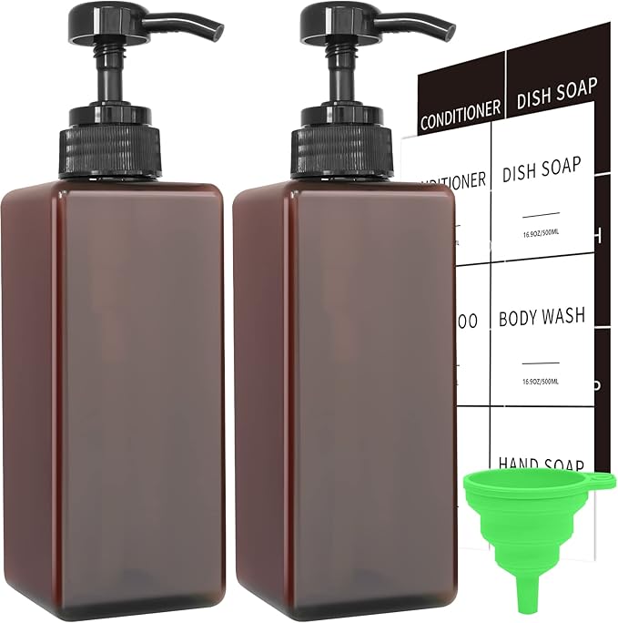 Amber Soap Dispenser with Waterproof Labels, Thickened Plastic Hand Soap Dispenser for Bathroom, Kitchen Dish Washing Liquid Bottles, Shampoo and Conditioner Bottles with Funnel (16oz 2Pack Amber)