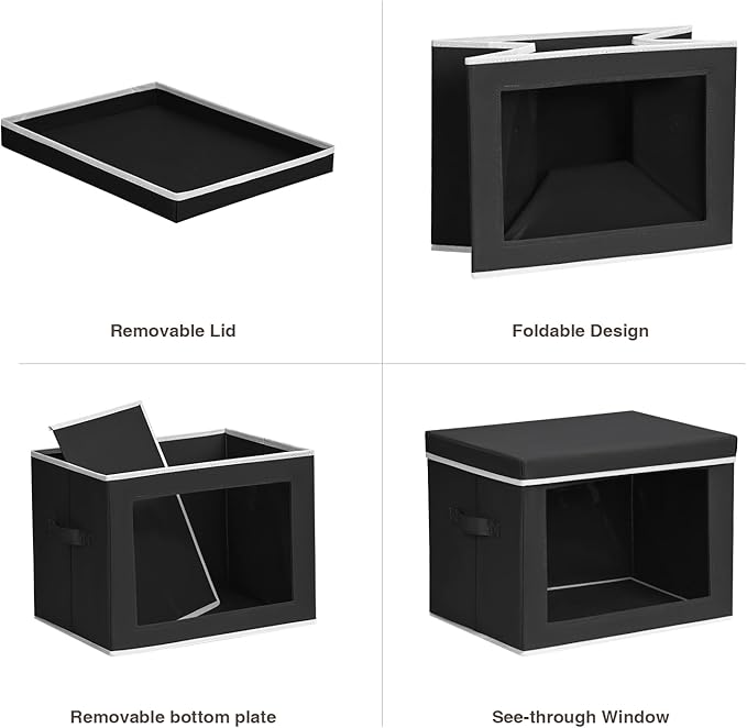 Large Storage Bins with Lids - Fabric Storage Cubes with Window, Collapsible Bins for Clothes, 15.7 Inch Large Baskets for Bedroom, Dorm, Office, Black, 6 Pack