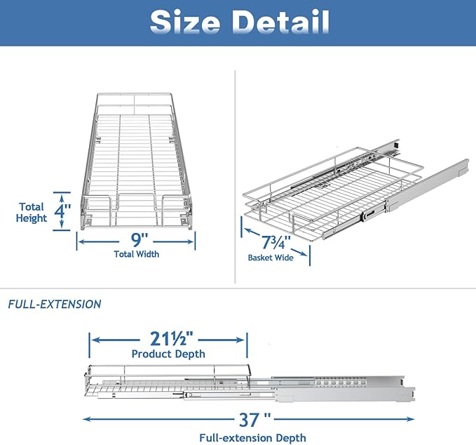 MODCART Pull Out Cabinet Organizer 9" W x 21½" D, Heavy Duty Cabinet Pull Out Shelves, Slide Out Drawers Organization for Kitchen Cabinets Bathroom