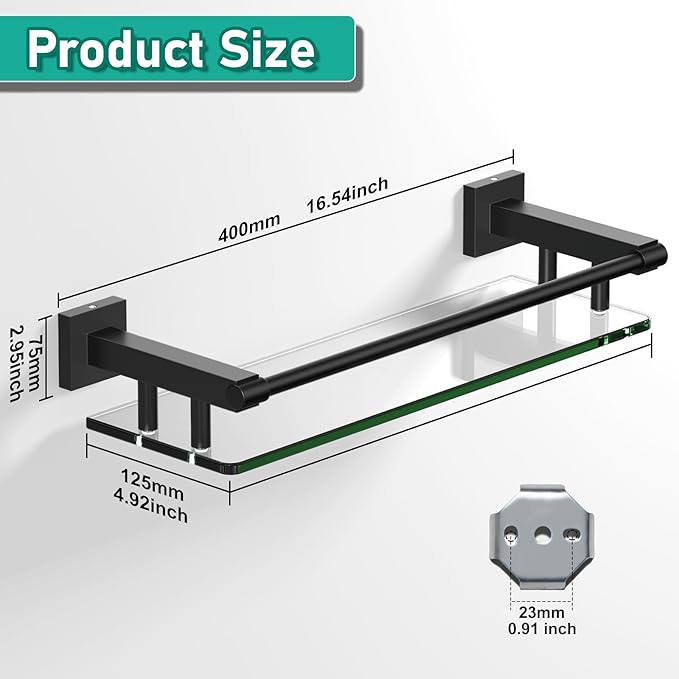 SFGSOWOR Glass Shelf 16IN for Bathroom Black Rectangular Stainless Steel Tempered Glass Modern Wall Mount Shelf Sink Over Toilet Bathroom Organizer (Matte Black, 16‘’)