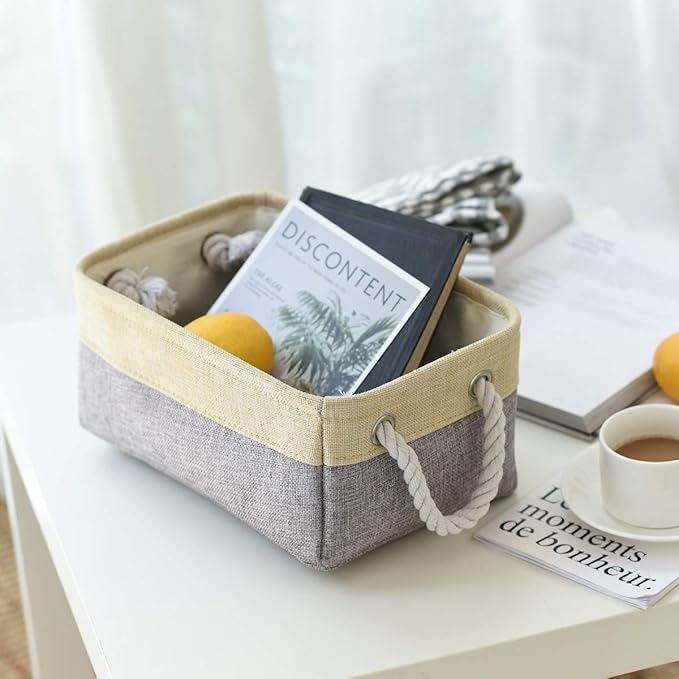Sacyic Fabric Storage Baskets for Organizing(6 Pack) Small Baskets for Shelves,storage, Laundry, Nursery, Closets, Decorative Baskets for Gifts Empty (Grey & gold, 11.8” x 7.8” x 5.1”)