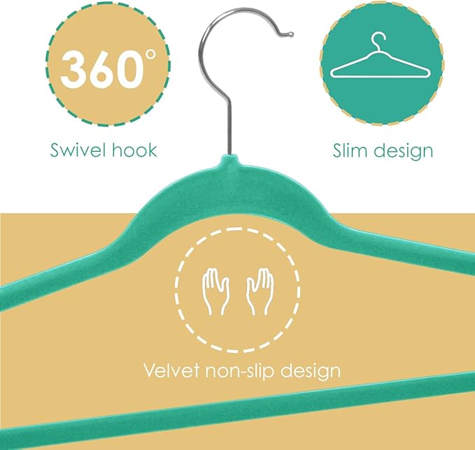 Home Basics Sunbeam Slip-Proof Snag-Free Ultra Slim Velvet Hanger with Rotating Steel Hook (Pack of 10) (TURQUOISE)
