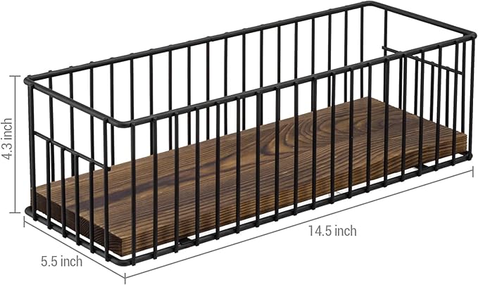 MyGift Toilet Paper Roll Holder Basket, Industrial Matte Black Metal Wire and Rustic Burnt Wood Above Tank Bathroom Toiletries Storage Organizer Vanity Basket