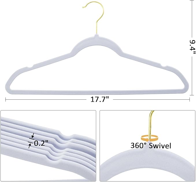 Velvet Hangers, Set of 30 Pack Clothes Hanger with 360° Swivel Gold Hook, Non-Slip, and Space-Saving, 0.2-Inch Thick, 17.7-Inch Long for Suit, Coat, Shirt, Dress, Pants - White