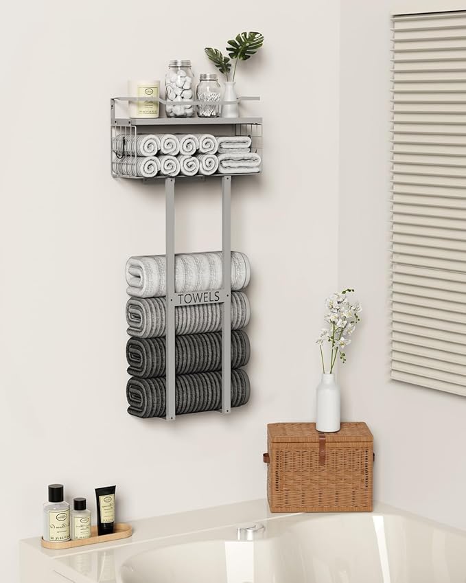 Towel Racks for Bathroom - Wall Mounted Metal Rack with Wood Plank, Bathroom Storage Organizer, Towel Holder Stores 6 Large Rolled Towels Easily, All Grey
