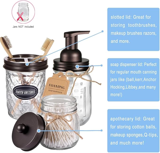 Mason Jar Bathroom Accessories Set(4pcs)-Jars Not Included - Foaming Soap Dispenser and Apothecary Jars Lids for Regular Mouth jar, Wide Mouth Toothbrush Holder lid, Farmhouse Decor-Bronze