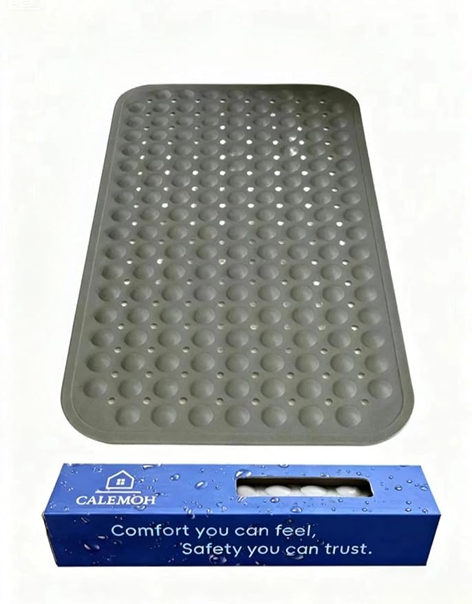 Bath and Shower Safety Mats 27.5x15 inch, Non Slip with Strong Suction Cups for Bathroom Stall and Tub Floor, Extra Large and Machine Washable, Drain Holes Keep Bathtub Clean, Soft on Feet, Grey
