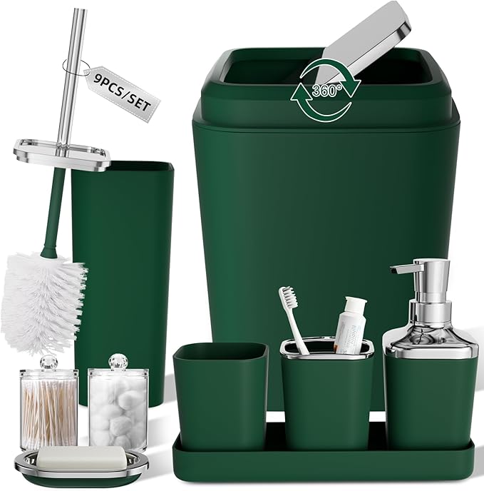 Dark Green Bathroom Accessories Set, Green Bathroom Set with Trash Can, Toothbrush Holder, Toothbrush Cup, Soap Dispenser, Soap Dish, Toilet Brush Holder, 2 Qtip Holder Dispensers and Tray