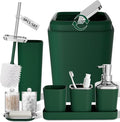 Dark Green Bathroom Accessories Set, Green Bathroom Set with Trash Can, Toothbrush Holder, Toothbrush Cup, Soap Dispenser, Soap Dish, Toilet Brush Holder, 2 Qtip Holder Dispensers and Tray