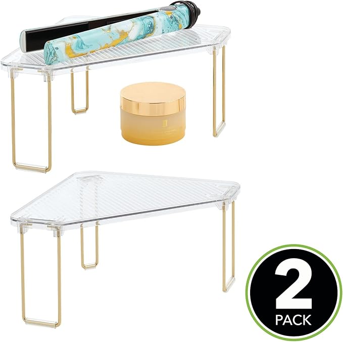 mDesign Plastic/Steel Corner Stackable Rack, Storage Organizer Shelf for Bathroom, Vanity, Countertop, Sink, Cabinet, Holds Makeup, Shower Accessories, Ligne Collection - 2 Pack - Clear/Soft Brass