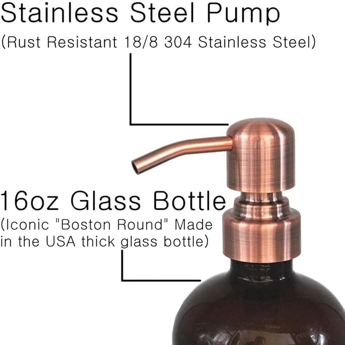 2 Pack Thick Amber Glass Pint Jar Soap Dispenser with Copper Stainless Steel Pump, 16ounce Boston Round Bottles Dispenser with Rustproof Pump for Essential Oil, Lotion Soap