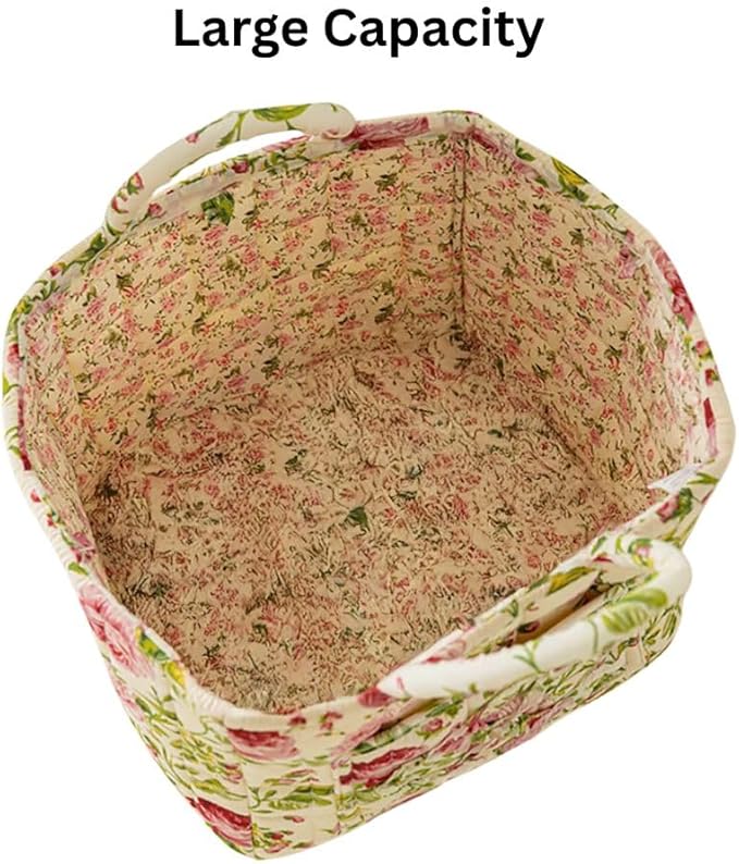 Quilted Fabric Storage Basket with Handles – Boho Foldable Floral Organizer Bin for Home, Picnic, Shopping, Travel 13"x11"x10" (Rose Cream)