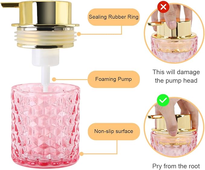 Pink Bathroom Accessories Set,2pcs Glass Bathroom Accessory Set with Foam Soap Dispenser and Toothbrush Holder,Gold Soap and Toothbrush Holder Sets,Perfect for Housewarming Gift,Home Decor