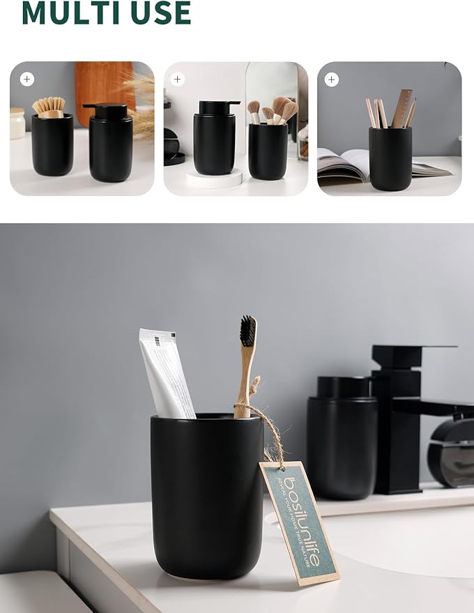 Bosilunlife Soap Dispenser and Toothbrush Holder Set - Dish Hand Soap Dispenser Bathroom Set Ceramic Bathroom Counter Soap Toothbrush Holder Set Black Bathroom Accessories Set