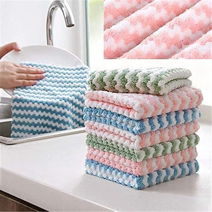 Coral Fleece Striped Rag Cleaning Dish Cloth, Circulatik Microfiber Cleaning Rag, Non Stick Oil Fast Drying Reusable Washable Towels (10PCS)