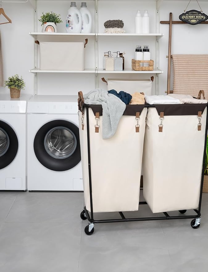 StorageWorks 390L Extra Large Laundry Hamper with Wheels, Laundry Basket with Wheels 2 Sections, Clothes Sorter Cart with Divider for Hotel, Home, Beige, 1-Pack