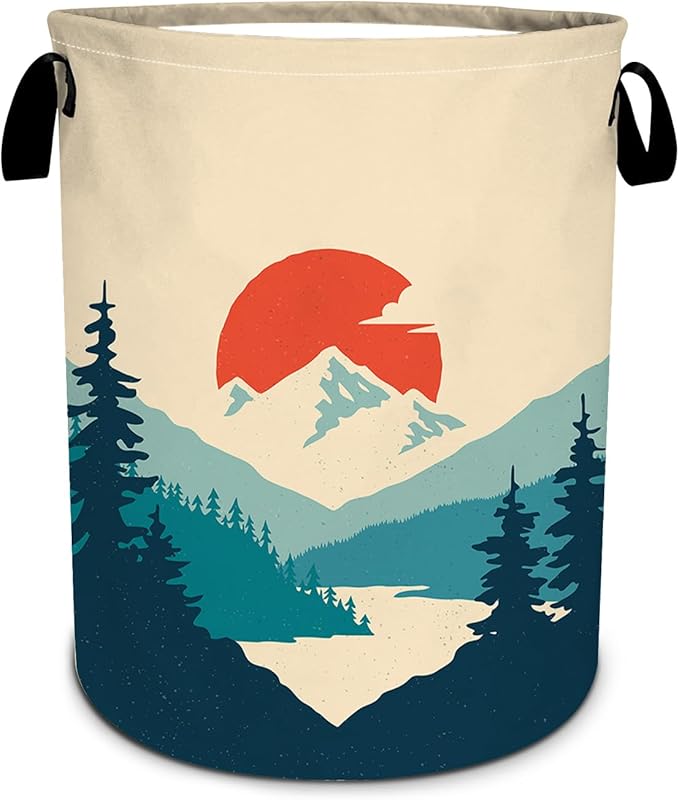 Mountains Sunset Laundry Basket, Nature Scenery Forest Laundry Hamper Foldable Waterproof Tote Bag Dirty Clothes Storage Bucket Toy Organizer for Bathroom/Laundry/Bedroom 15.7"x19.6"