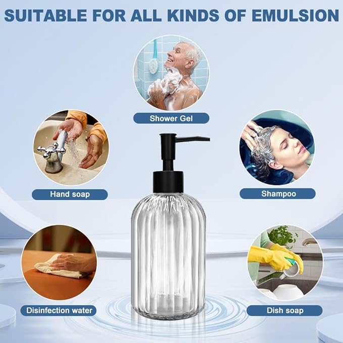 Pack of 2 Glass Soap Dispenser with Black Pump, 400 ml Refillable Pump Dispenser for Kitchen, Bathroom, Laundry Room, Liquid Glass Bottle for Washing Up Liquid, Shampoo, Conditioner (Clear)