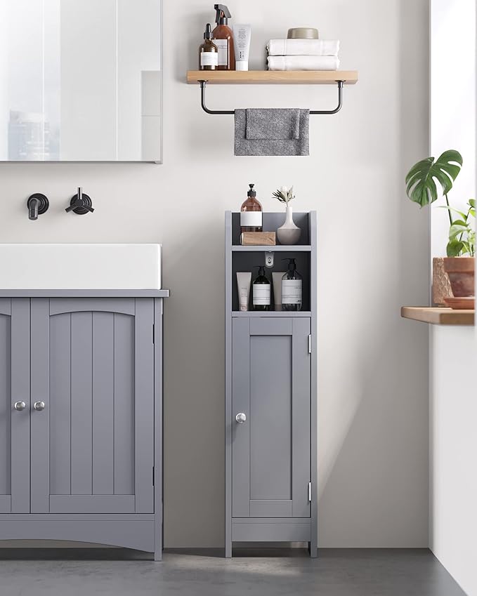 VASAGLE Small Storage Corner Floor Cabinet with Door, 7.9 x 7.1 x 31.5 Inches, Narrow Toilet Paper Storage Holder, Adjustable Shelves, for Bathroom, Living Room, Small Spaces, Dove Gray UBBC310P36