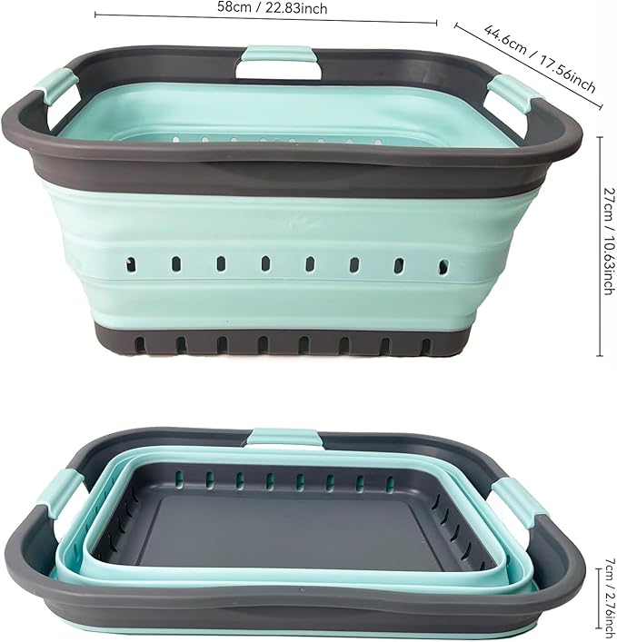 SAMMART 42 (11 Gallons) Collapsible Plastic Laundry Basket, Foldable Pop Up Storage Container/Organizer, Space Saving Hamper, Portable Bin for Dorm Room Bathroom (2, Grey/Lake Green)