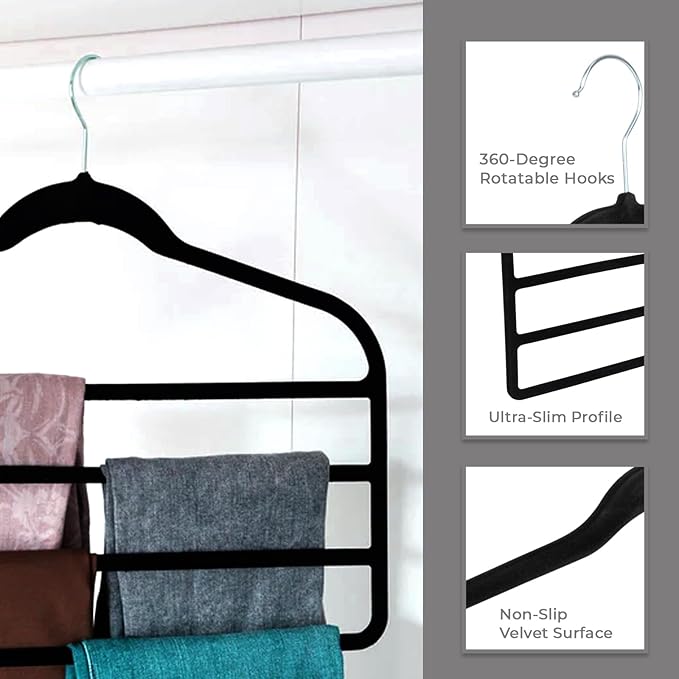 Set of 3 4-Tier Non-Slip Velvet Hangers, Black