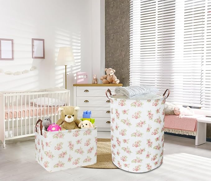 Rectangular Pink Flower Basket for Girls, Storage Bin with Handles, Room Decor, Gift Basket(Pink Flower)