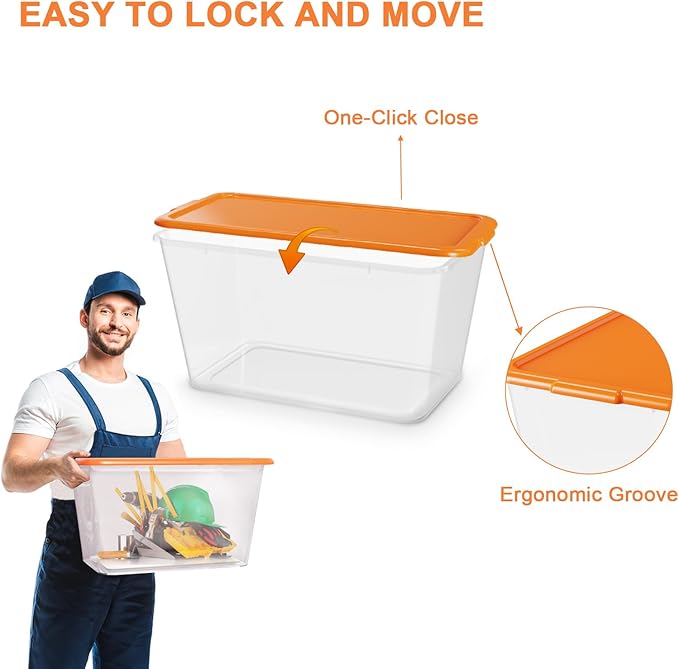 Storage Totes with Lids - Made in USA 14.5-Gallon (58-Quart) 4-Pack Orange Storage Bins with Lids Plastic Storage Containers Large Storage Boxes for Organizer Orange/Clear