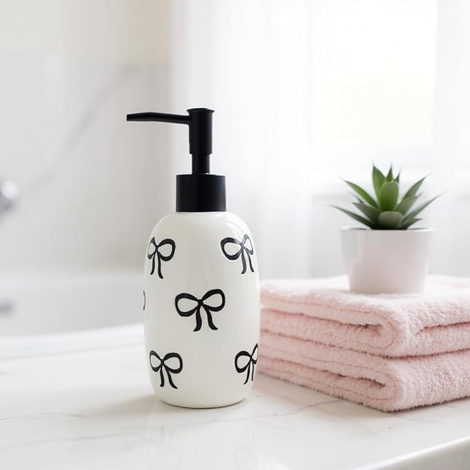 Pink Bathroom Set, 4 Pcs Ceramic Bathroom Accessory Sets - Soap Dispenser, Tumbler Toothbrush Holder, Vanity Soap Tray, Cotton Swab Jars - Pink Bathroom Decor Gift for Her (Black)